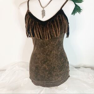 T-Party Fringe Front Cami Tank Top! Mineral Washed Brown